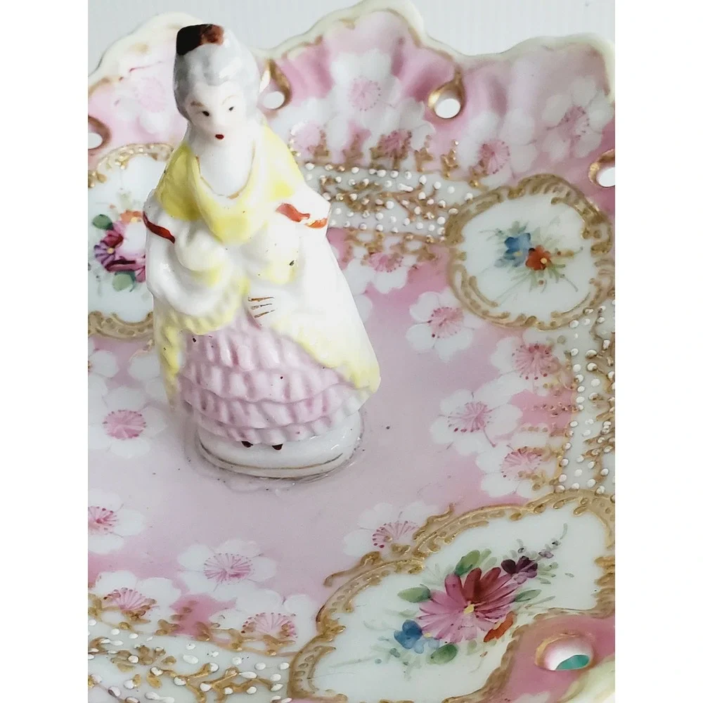 Trinket‎ Dish Pink Floral Figurine Tiered Jewelry Stand Vintage Gold Gilt Shabby